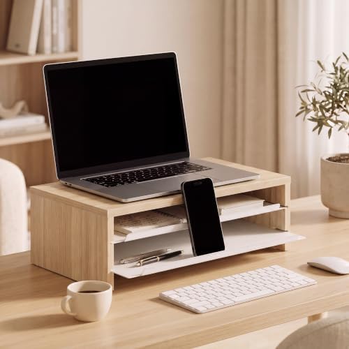 Fenge 14.3-Inch Monitor Stand with Slide-Out Trays, Wood & Metal Desk Shelf