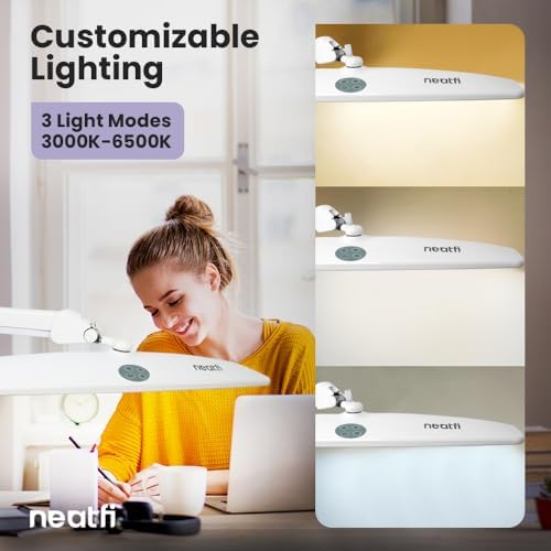 Neatfi Elite HD XL Task Lamp | 22-Inch Wide | 2,260 Lumens | 3 Color Temperature Modes | Non-Polar Dimming Desk Lamp (White-2, CCT with Clamp)