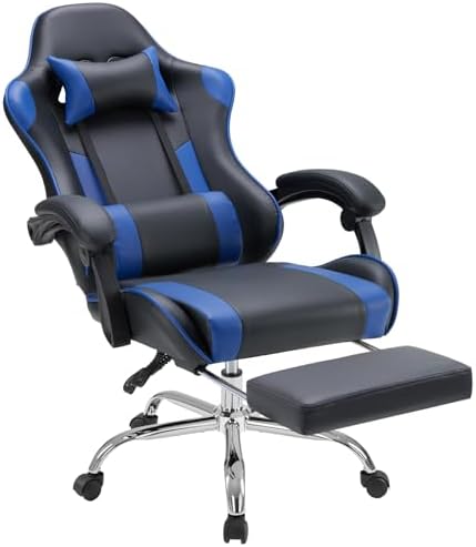NEWBULIG Gaming Chair with Footrest – Ergonomic High-Back with Lumbar & Headrest Support, Comfy PU Leather Recliner with Linkage Armrests, Adjustable Height, 360° Swivel, Blue