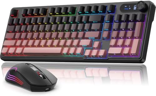 BlueFinger Wireless Gaming Keyboard and Mouse Combo, RGB Backlit, Tri-Mode Bluetooth/2.4G/USB-C Wired, 98 Keys Quiet Keyboard with Number Pad, Volume Knob & Screen, 4800 DPI Mouse for PC/Mac/Laptop