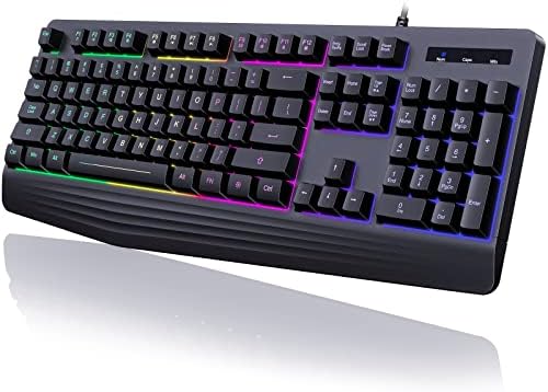 Gaming Keyboard Wired, 7-Color Backlit, 104 Keys Quiet Light Up, Wrist Rest