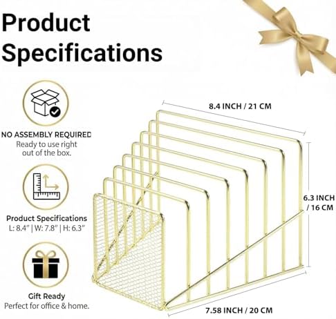 Gold Desk Organizer 7 Slot Inclined Vertical File Folder Holder Sorter with Mesh Front Metal Wire Rack for Mail, Slim Binders, Books Office Organization Desktop Accessories