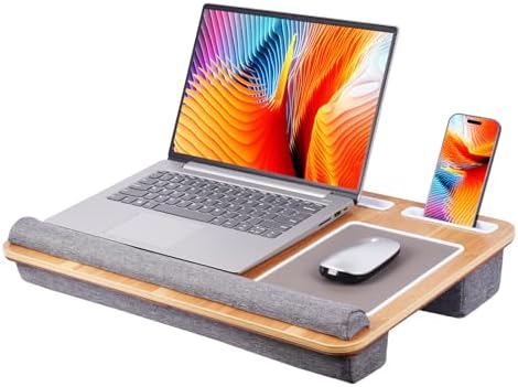 Home Office Lap Desk with Wrist Rest Wrist Rest, Mouse Pad, and Phone Holder Large Laptop Bed Desk for Notebook, Laptop, Tablet, Lap Stand Fits Up to 17 Inch Laptops (Woodgrain)