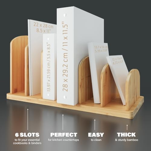 Cook Book Organizer, 6 Sections, Recipe Book Holder Rack, Tabletop Stand for Convenient Cookbook Storage, Vertical Cook Book Stand Kitchen, Binder Holder for Desk & Countertop (Bamboo)