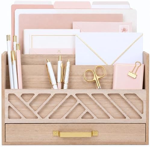 BLU MONACO | Wooden Mail Organizer with Drawer and Gold Handle | Outgoing Mail Holder and Letter Sorter for Desk | Natural Wood Desktop Paper Organizer