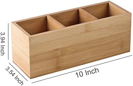 Bamboo Wood Pens Pencils Holder Cup for Desk Remote Control Holder, Caddy,Organizer,Desktop Storage with 3 Compartments,Makeup Brush Holder,Silverware Caddy for Party,Office Supplies (3 Grid)