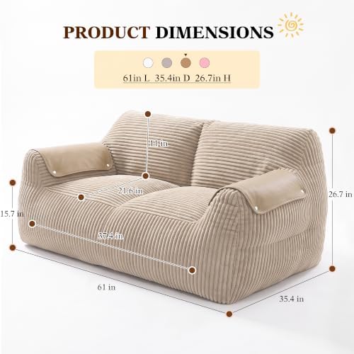 Homkdom Bean Bag Chairs for Adults, Lazy Loveseat Sofa with Armrests, Brown