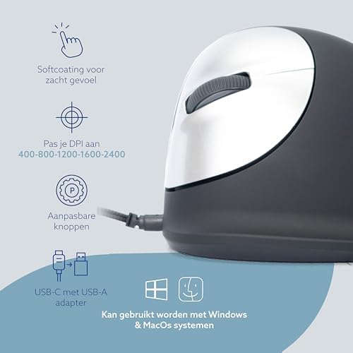 R-Go HE Vertical Ergonomic Mouse, for Left Handed, with Break Software, USB-C/A Wired, Prevents Tennis Elbow/Mouse Arm RSI, Silent Click, 5 Buttons, Compatible Windows/Mac OS, Black/Silver