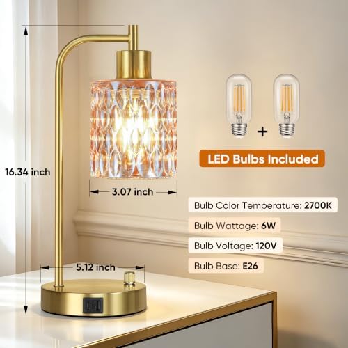 Table Lamps Set of 2, Champagne Glass Dimmable Bedside Lamps for Bedroom