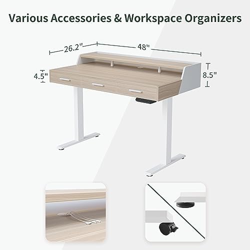 CubiCubi One-Piece Standing Desk 48x26 with 3 Wood Drawers, Light Walnut