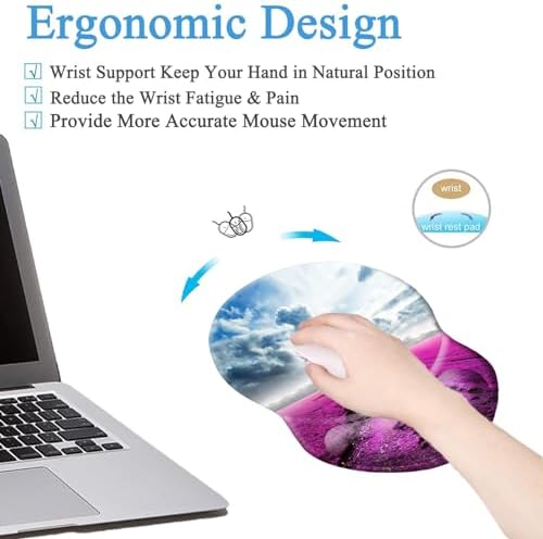 Mouse Pad, Ergonomic Mouse Pad with Wrist Support, Pain Relief Comfort Wrist Rest Pad with Non-Slip PU Base for Gaming, Home, Office & Travel (Purple Flower Under The Blue Sky)