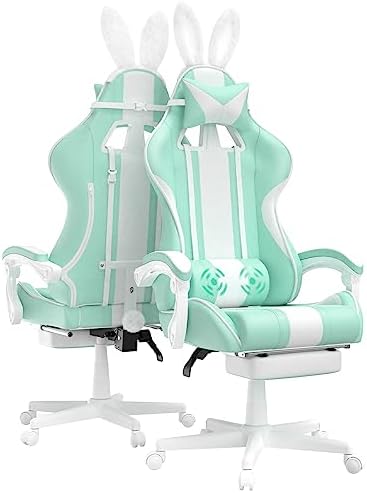 Ferghana Kawaii Light Green Gaming Chair with Bunny Ears, Ergonomic Cute Gamer Chair with Footrest and Massage, Racing Reclining Leather Computer Game Chair 250lbs for Girls Adults Teens Kids