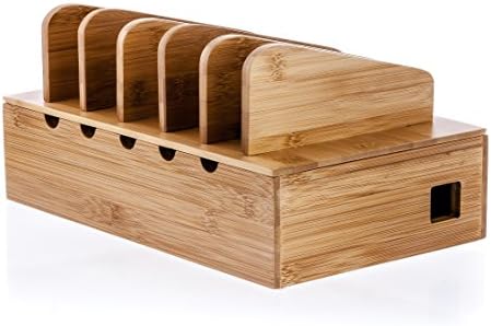 Prosumer's Choice Wooden Charging Station Organizer - 5-Port Base for Phones, Tablets and Laptops - Multi-Device Docking Station with Removable Divider Slots - Cord Box with Cable Management - Bamboo