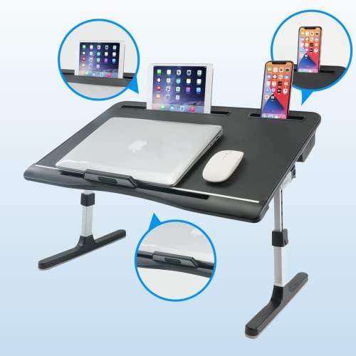 KLEAR Laptop Bed Tray Table with PVC Leather Surface, 2 Drawers, Black, XL