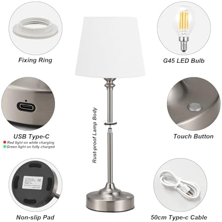 Kakanuo Cordless Table Lamps Rechargeable Set - 2 Pack Silver 4000mAH Battery Operated Lamps for Decor, 3000K Stepless Dimming Touch Wireless Lamp for Bedroom, Dining Table, Living Room, White Shade