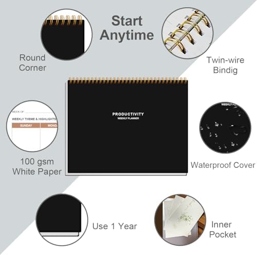 Weekly Productivity Planner - 8.5" x 11" Dashboard Desk Notepad Has 6 Focus Areas to List Tasks for Goals, Projects, Clients, Academic or Meal-Organize Your Daily Work Efficiently, 54 Weeks, Black