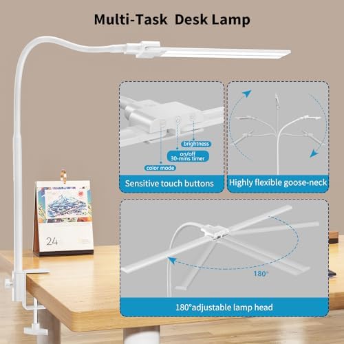 LED Desk Lamp with Clamp, Double Head for Dual Screen, 4 Color Modes,White