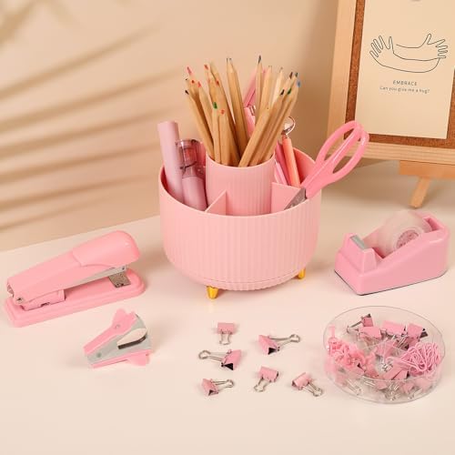 SKYDUE Pink Desk Accessories 11Pcs with Rotating Pen Holder for Desk