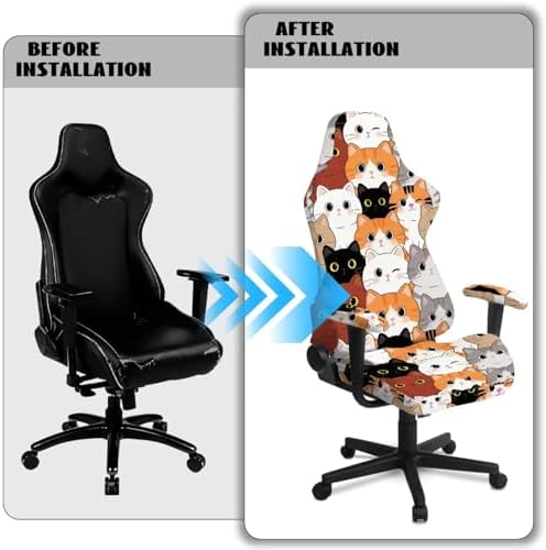 Cartoon Cats Print Gaming Chair Cover Stretchable 4 Piece Furniture Protector Non Slip Breathable Gaming Chair Slipcover with Armrest Covers