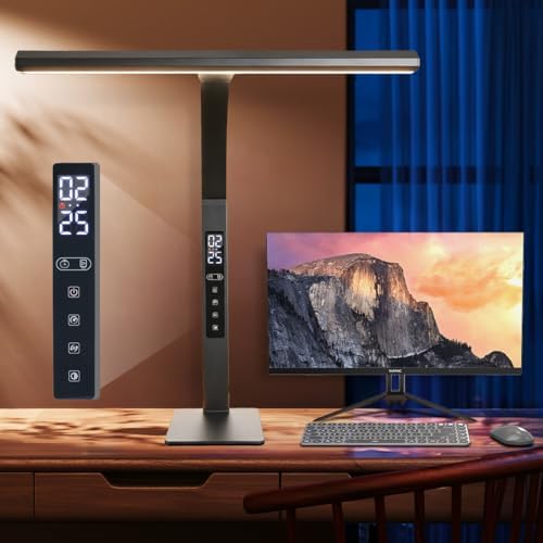 LED desk lamp for home office, architect computer work light,Touch color temperature stepless dimming and adjustable flexible gooseneck tube. desk lamp with clock , suitable for reading and studying.