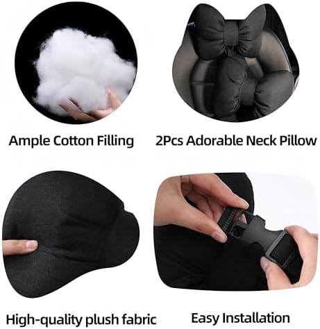 Car Seat Neck Pillow Elegant Bow Car Headrest Pillow Set - Cotton Linen Neck Cushion Universal Fit for Women Comes with 2 Seat Belt Covers (Black Set 4Pcs)