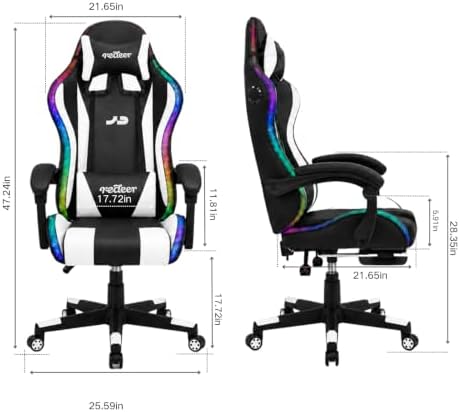 Redeer Led RGB Gaming Chair with Speakers Massage & Footrest, Reclining Gamer Chair for Adults, Video Game Chairs with Canopy, Heavy Duty Gaming Chair Massage, 350LBS White