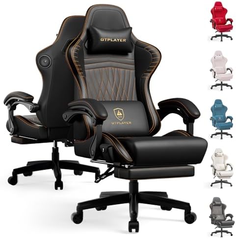GTPLAYER ACE-PRO Music Gaming Chairs – Built-in Speakers, App Support & Bluetooth Control, Computer Game Chairs with Footrest for Adults, Ergonomic, Reclining, Linkage Armrest, Black & Orange Stitch
