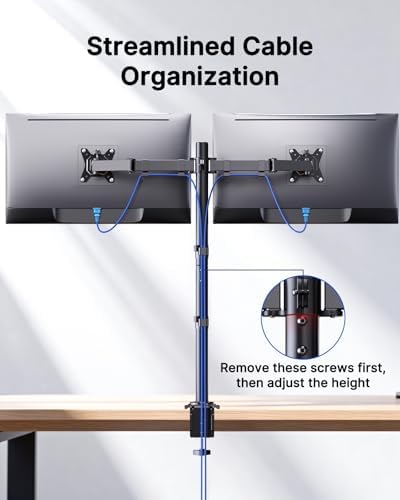 HUANUO Dual Monitor Stand for 13-32 Inch Screens, Tall Pole Desk Mount,Larger Base, Ideal for Sit-Stand Workstations, 22 lbs per Arm, VESA 75x75/100x100mm, Tilt Swivel Rotation, Cable Management