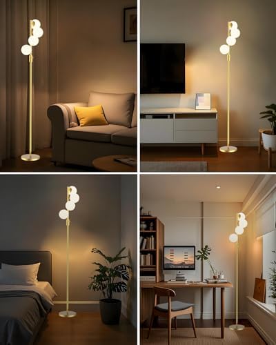 Mid Century Modern 4 Globe Gold Floor Lamp, Dimmable Standing Lamp with 3000K Warm White Bulbs Included, Tall Ambient Floor Lamp for Living Room Bedroom Home Office Sofa Beside Corner Decor