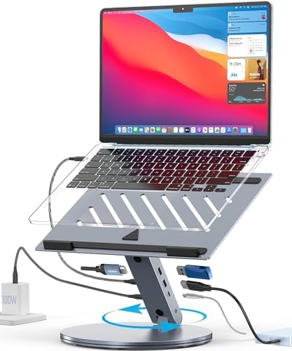 YICOSUN Laptop Stand for Desk, 360° Rotating & Height Adjustable Ergonomic Computer Riser with Aluminum Cooling Vents for 10-16 inch MacBook, Dell, Lenovo (Grey, USB-C Docking Station)