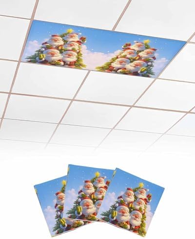 Christmas Magnetic Fluorescent Light Covers for Ceiling Lights 2 x 4 Feet,Santa Claus Christmas Tree Snowflakes Blue Office Classroom Kitchen Drop Ceiling Light Covers Filters Shade Panel 3 Packs