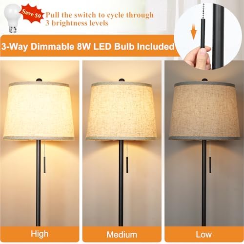 JUNNAI 【Upgraded】 Modern Black Floor Lamp 63in Standing Lamp for Living Room Bedroom Office 3 Way Brightness Dimmable Tall Pole Light with Beige Linen Shade Metal Shade 8W 3000K LED Bulb Included