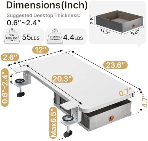 PEGZONE Desk Extender Tray, 24" x 12", with Storage Drawer, Medium, White
