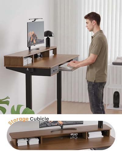 Electric Standing Desk with Keyboard Tray, 63x24 Inches Height Adjustable Stand up Desk with 2 Drawers, Ergonomic Sit to Stand Table with Storage Monitor Stand, Black Walnut