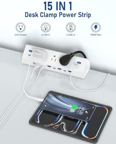 Jgstkcity 130W Desk Clamp Power Strip, 12 USB Ports (6 PD 65W USB-C),Surge Protector,ETL Listed Power Hub Extension Cord,Fast Charging Station for Home Office Desk Edge Mount (White, 12 USB-130W)