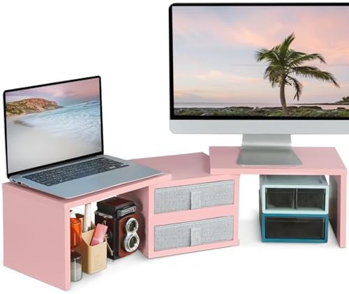 TEAMIX Pink Dual Monitor Stand Riser with 2 Drawers - Length and Angle Adjustable Double Corner Desk Shelf Organizer 37 inch for 2 Laptop/PC/Screen/TV (2 Drawers - 8''H)