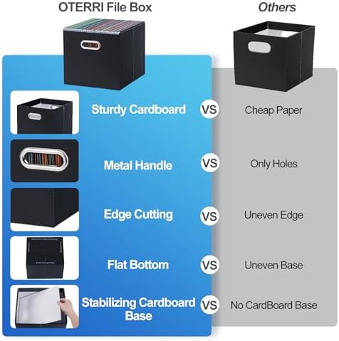 Oterri Portable Collapsible Cardboard File Box with Handle for Letter-Size (Black, Letter Size - 2 Pack-Large)