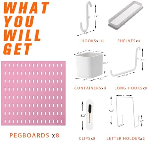 Peg Board Combination Kit, 8 Pegboards with 40 Accessories, Pegboard Wall Organizer for Office, Nursery & Home Storage, Key Holder, 51.2"x25.6" – Nail-Free Installation（Pink）