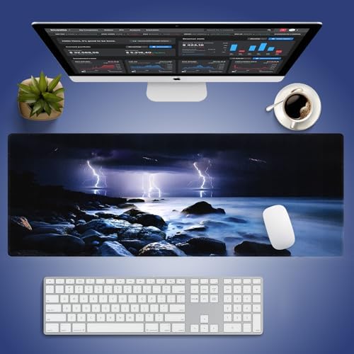 Lightning Thunderstorm Ocean Large Mouse Pad, Stormy Rocky Sea Desk Mat