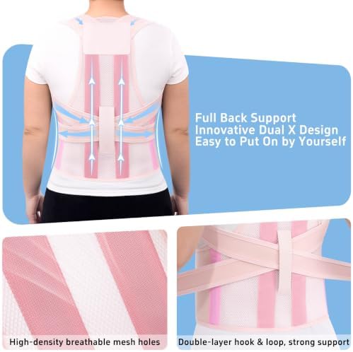 Back Brace Posture Corrector for Seniors Women and Men Upgraded Dynamic Traction Correction System Adjustable Shoulder Support Straightener Helps Reduce Upper Lower Back Pain Suitable for Hump Scoliosis Pink Medium