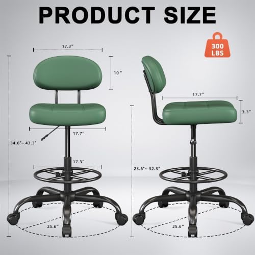 Armless Drafting Chair with Back, Tall Office Chair for Standing Desk, PU Faux Leather,Footrest Ring,Adjustable Height,360°Wheels for Bar Home Office