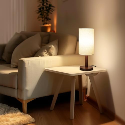 LALISU Small Table Lamp，Nightstand Lamp Wood Base Bedside Lamp Plug in