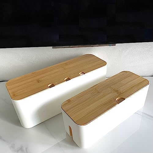 Cable Management Box with Bamboo Lid, Power Strip Organizer, White 2PCS