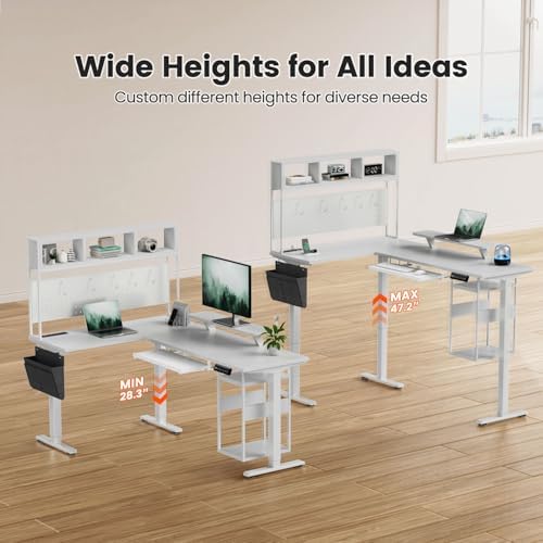 Flycity Electric L Shaped Standing Desk Adjustable Height, 67" x 47" Corner Computer Desk with Host Shelf, Gaming Desk with LED Lights & Power Outlet, Dual Motor Home Office Desk with Storage, White