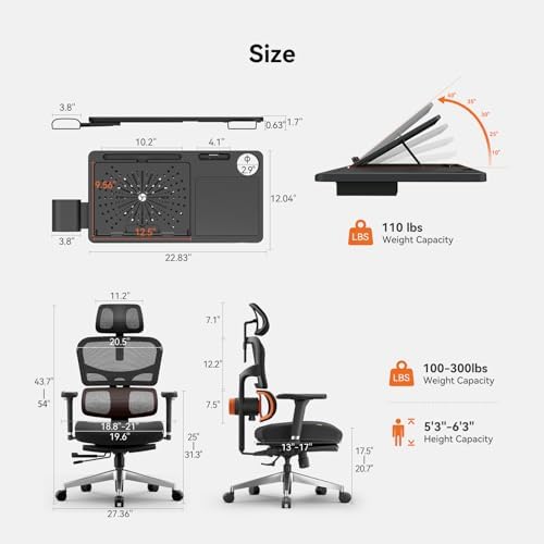 Newtral Office Chair Ergonomic - Home Office Desk Chair, Big and Tall Office Chair, Auto-Following Lumbar Support for Back Pain, Adjustable Seat Depth and Height (with Footrest + Laptop Tray, Black)