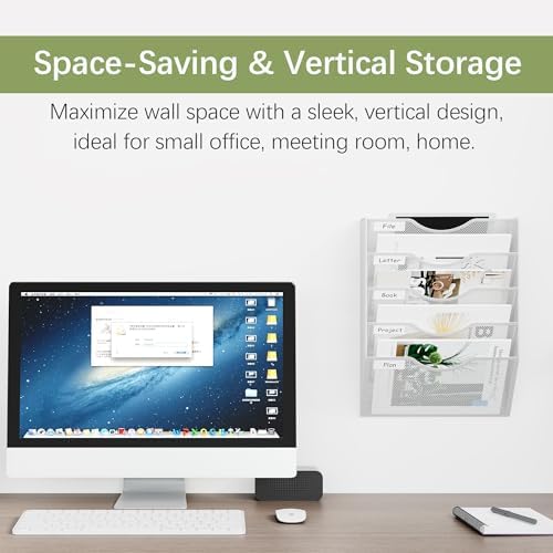 EasyPAG Wall File Organizer 5 Tier Hanging Paper Folder Holder, Zero Assembly Metal Mesh Wall Mounted Mail Organizer for Office Home Classroom Narrow Spaces, White