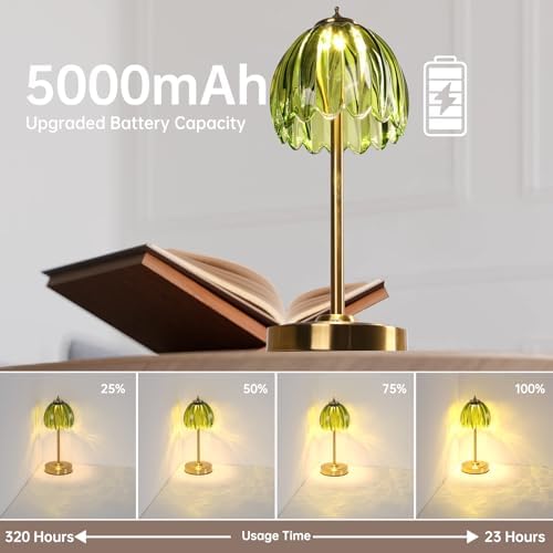 Shenmoyl Set of 2 Tulip Table Lamp with 5000mAh Battery & Touch Control, Cordless Table Lamp with 3 Colors, Dimmable Rechargeable Table Lamps for Bedroom, Living Room, Entryways (Green Tulip)