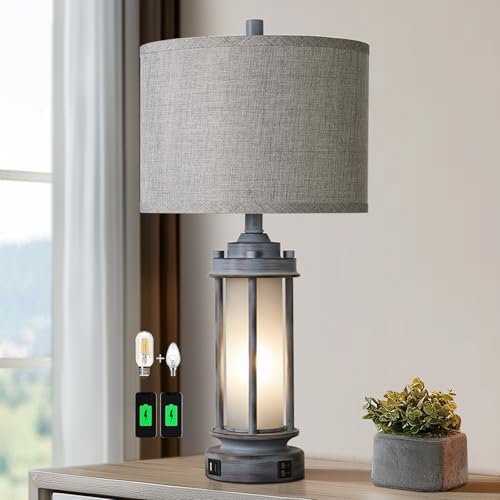 AIEAMPDO 25" Rustic Farmhouse Nightstand Lamp with 2 USB C+A Ports