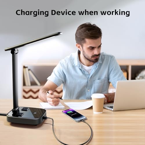 Yostyle LED Desk Lamp with 4 USB Charging Ports and 2 AC Outlets,5ft Extension Cord Power Strip Station, 3 Level Brightness, Touch Dimmer Control, Office Table Eye Care Lamp Bedroom Hotel