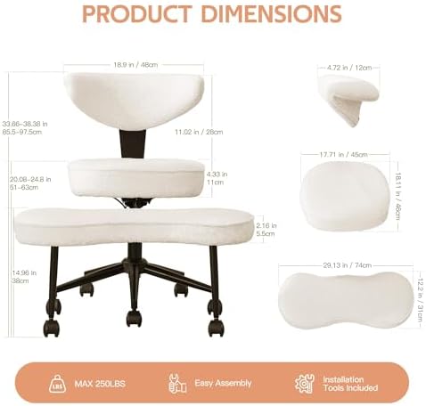 Ergonomic Cross Legged Chair, 360° Swivel Meditation Chair with Wheels - Adjustable Height for ADHD Desk & Yoga, Wide Criss Cross Chair for Home, Beige